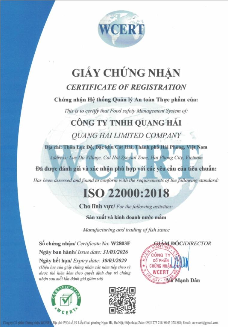 Chứng nhận ISO 22000:2018 — hệ thống quản lý an toàn thực phẩm của Công ty TNHH Quang Hải
