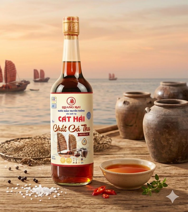 Chai nước mắm Quang Hải Chắt Cá Thu bên chum ủ và thuyền buồm Cát Hải lúc hoàng hôn