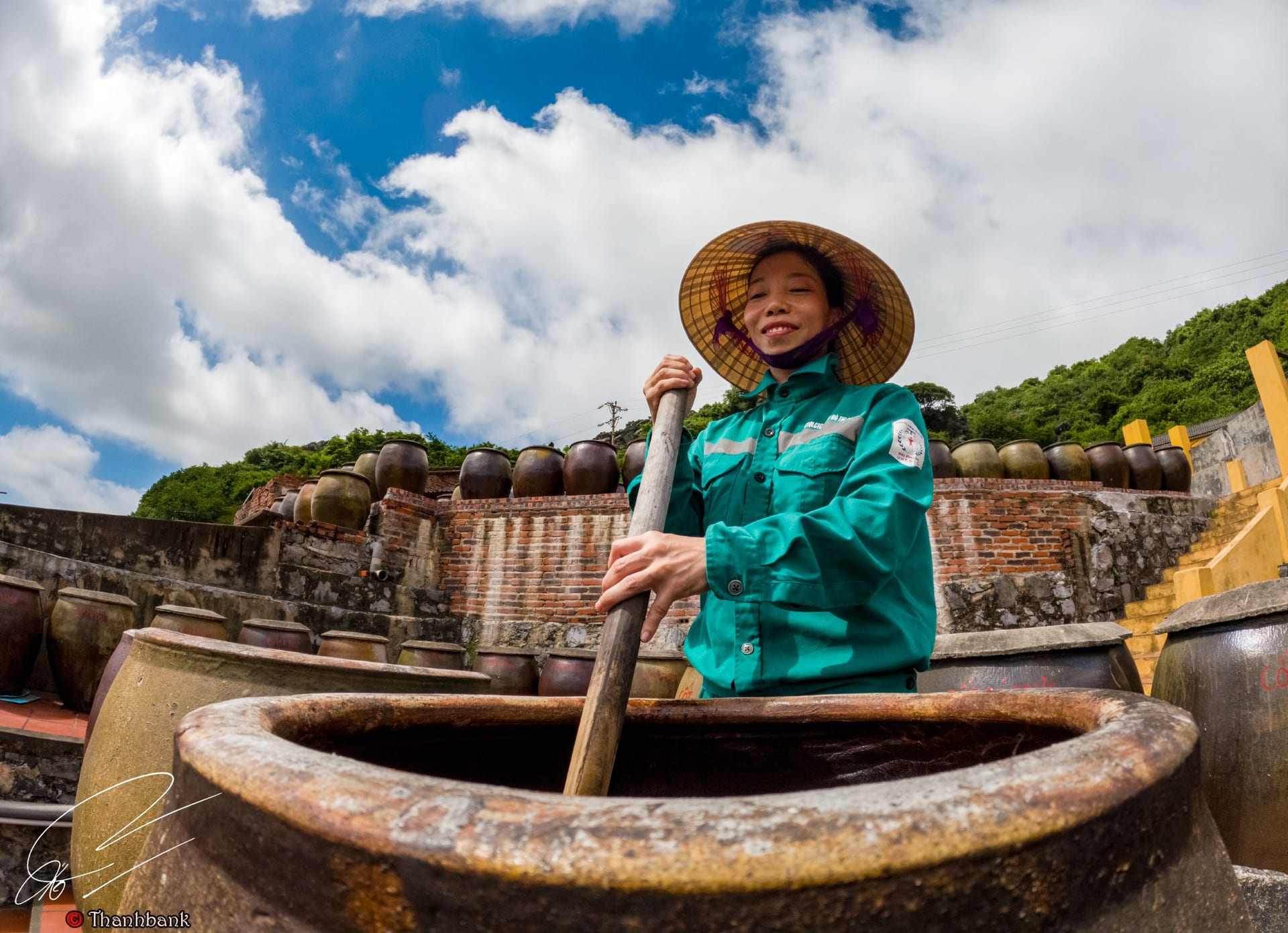 Công nhân đánh quậy chượp trong chum tại sân phơi Cát Hải