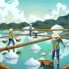 Tranh minh họa ruộng muối — nguồn muối biển ủ mắm Cát Hải