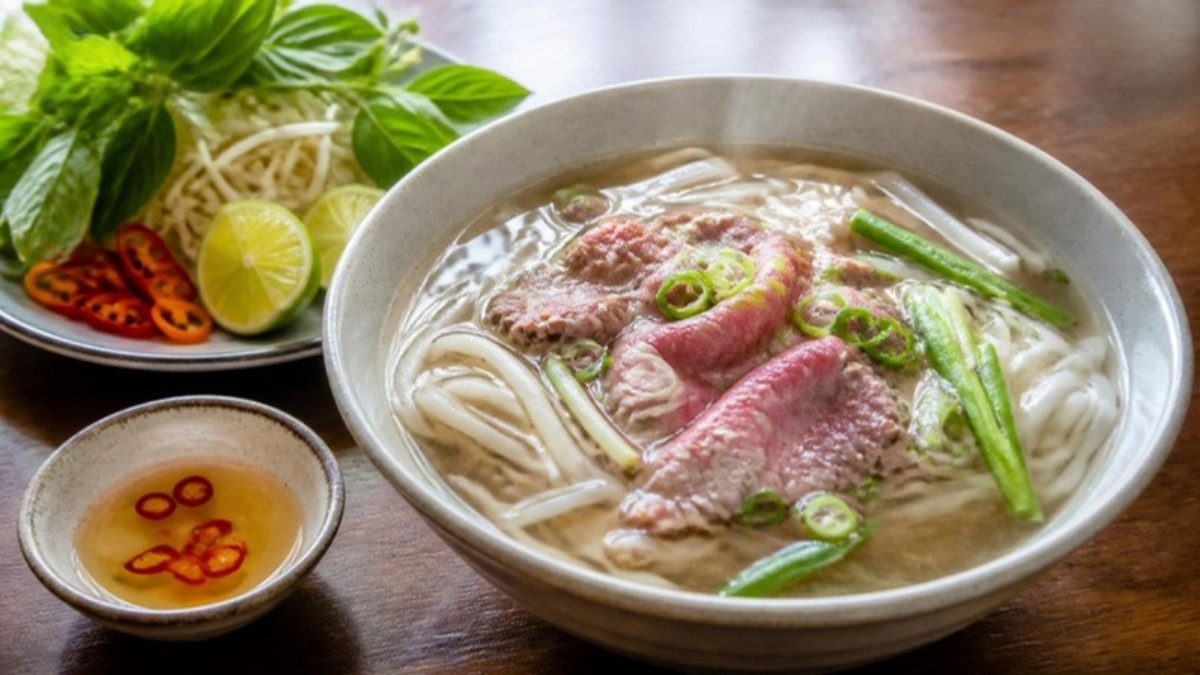Bát phở bò ăn kèm rau thơm, chanh và bát nước mắm (ảnh minh họa)